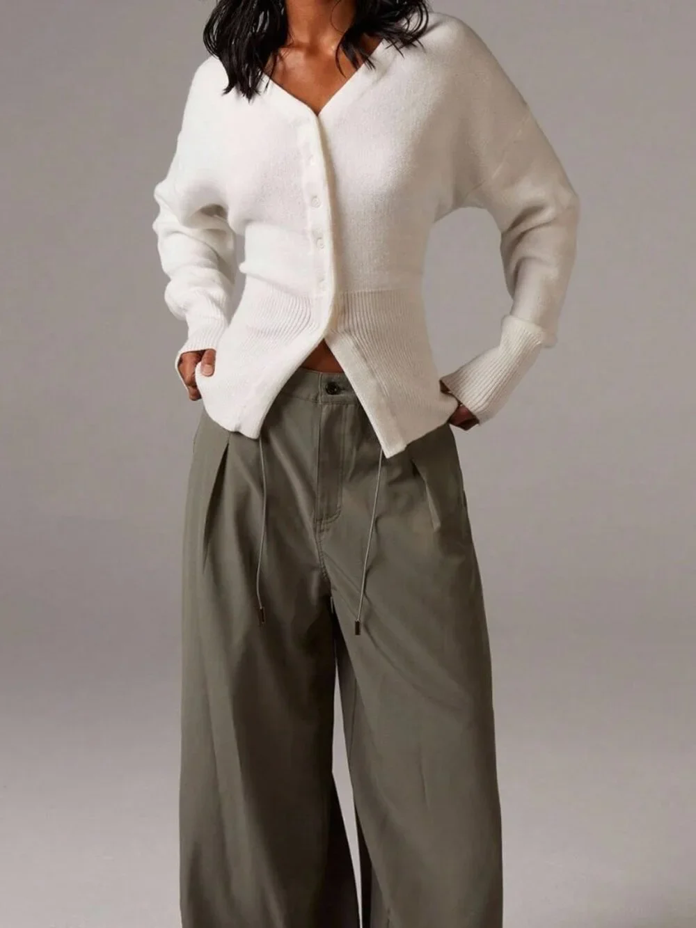 White Casual Women's Cinched Waist Knitted Cardigan